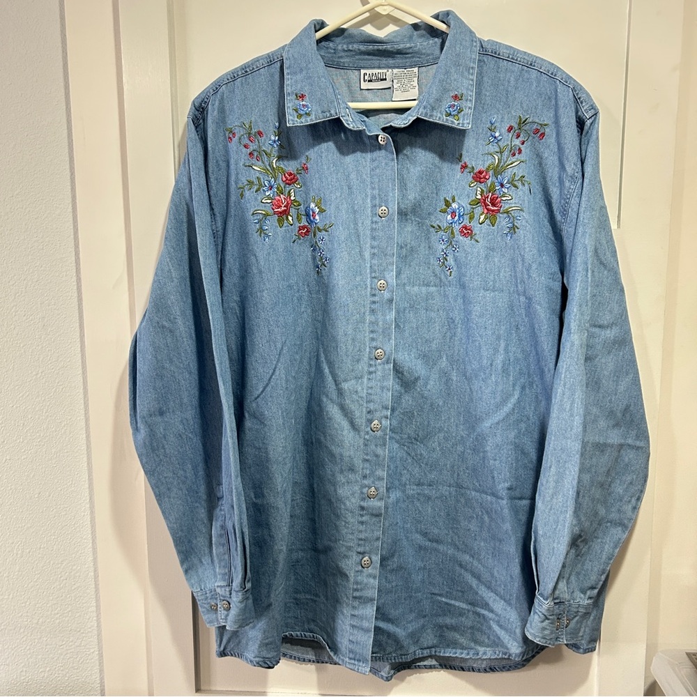 Capacity light blue floral embroidered denim button long sleeve shirt size 1X